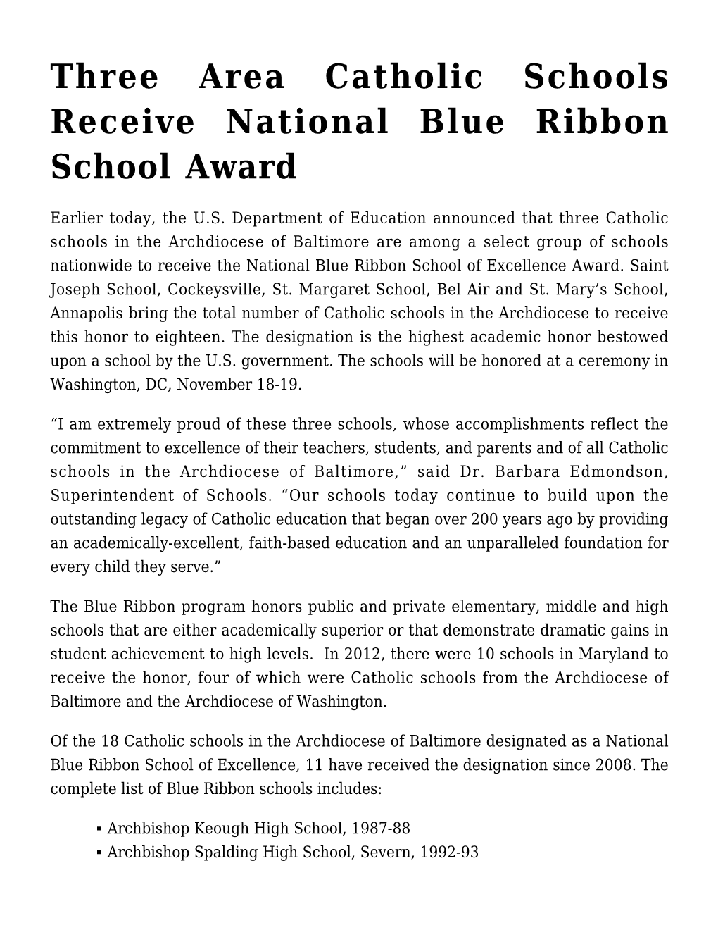 Three Area Catholic Schools Receive National Blue Ribbon School Award