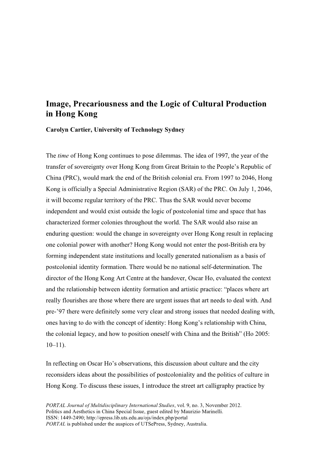 Image, Precariousness and the Logic of Cultural Production in Hong Kong