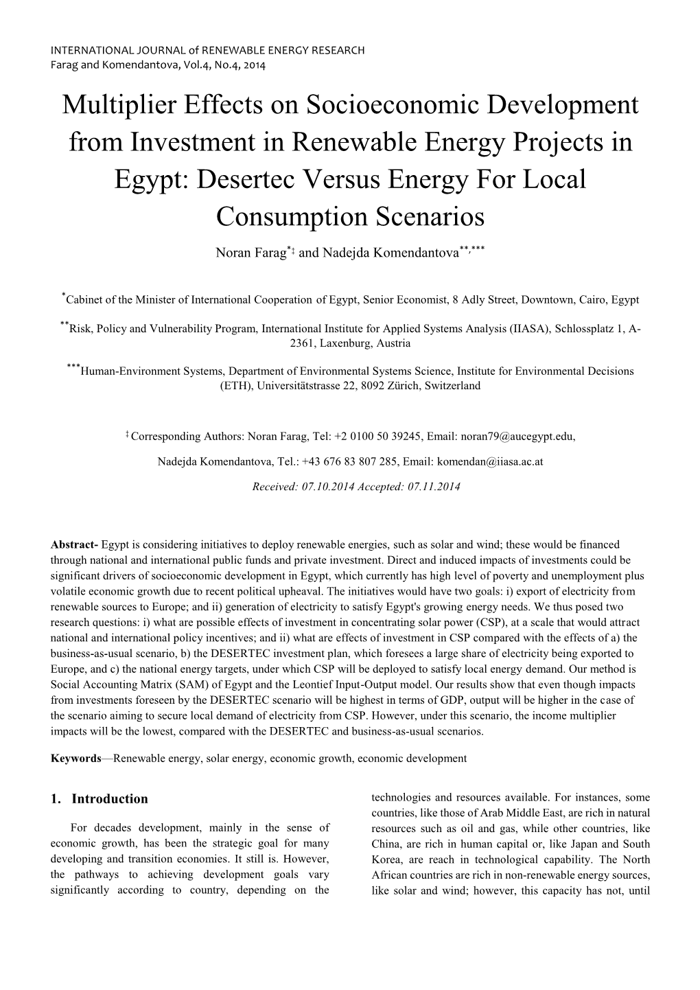 Multiplier Effects on Socioeconomic Development from Investment in Renewable Energy Projects in Egypt: Desertec Versus Energy for Local Consumption Scenarios