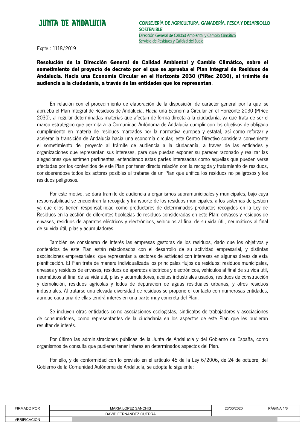 1118/2019 Resolución De La Dirección General De Calidad Ambiental Y