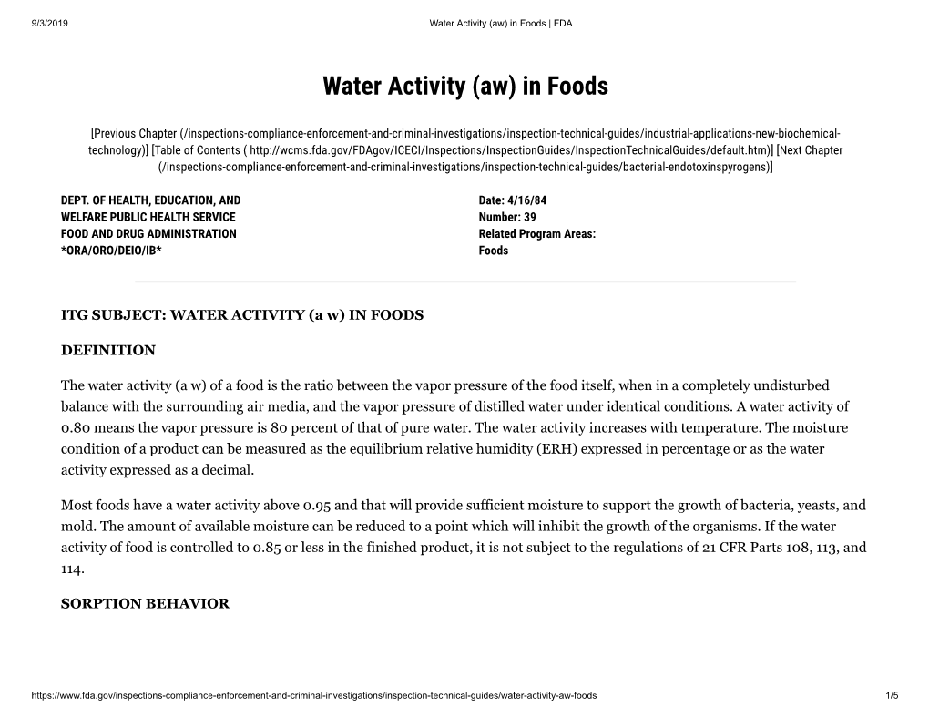 Water Activity (Aw) in Foods | FDA