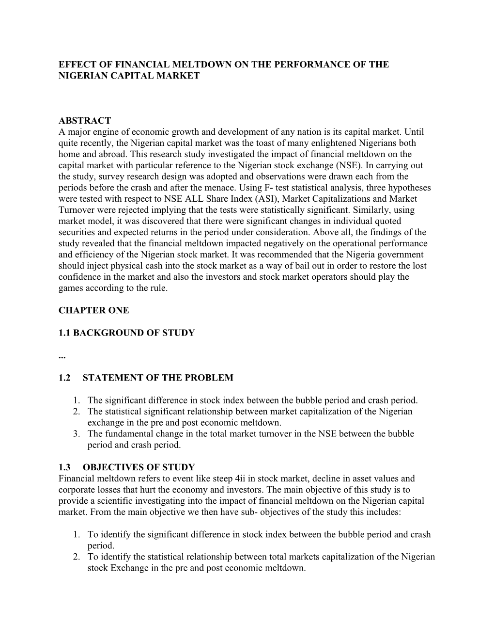 Effect of Financial Meltdown on the Performance of the Nigerian Capital Market