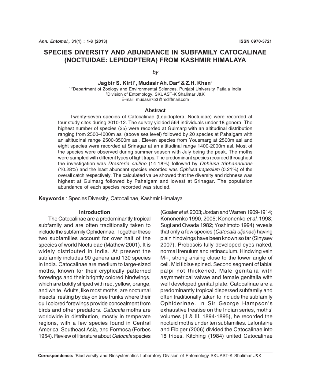 Species Diversity and Abundance in Subfamily Catocalinae (Noctuidae: Lepidoptera) from Kashmir Himalaya