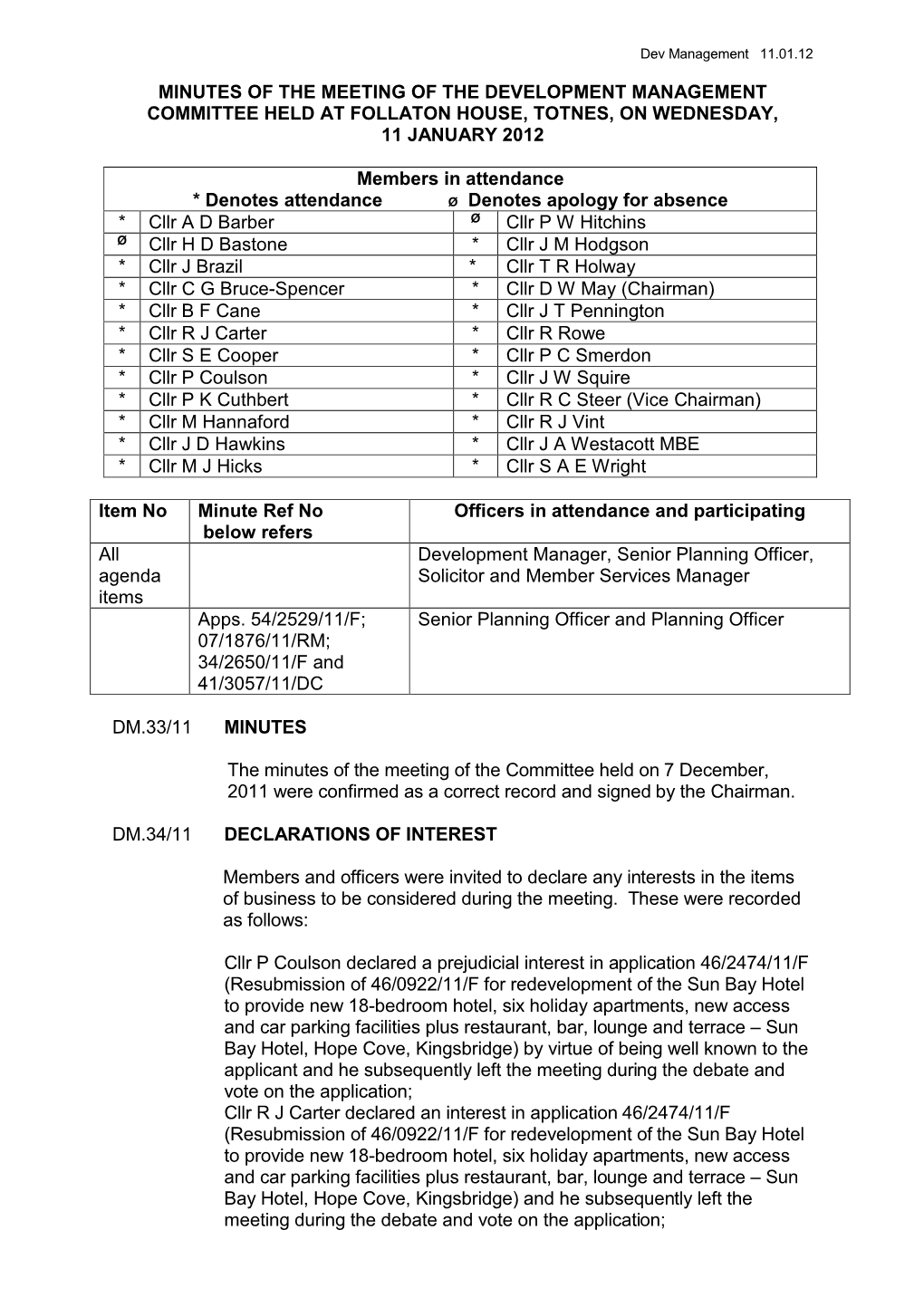 Minutes of the Meeting of the Development Management Committee Held at Follaton House, Totnes, on Wednesday, 11 January 2012