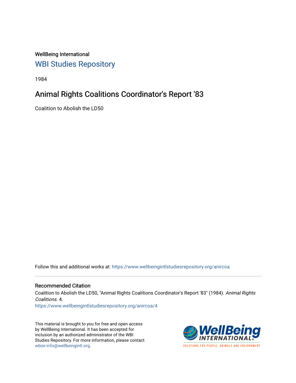 Animal Rights Coalitions Coordinator's Report '83