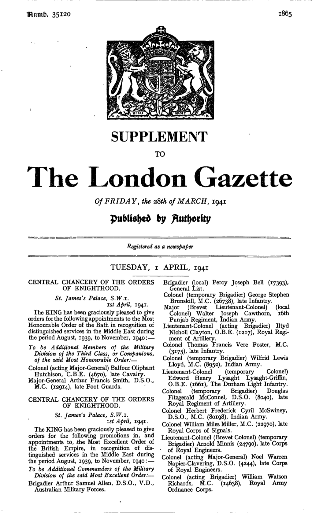 The London Gazette of FRIDAY, the 28Th of MARCH, 1941 By