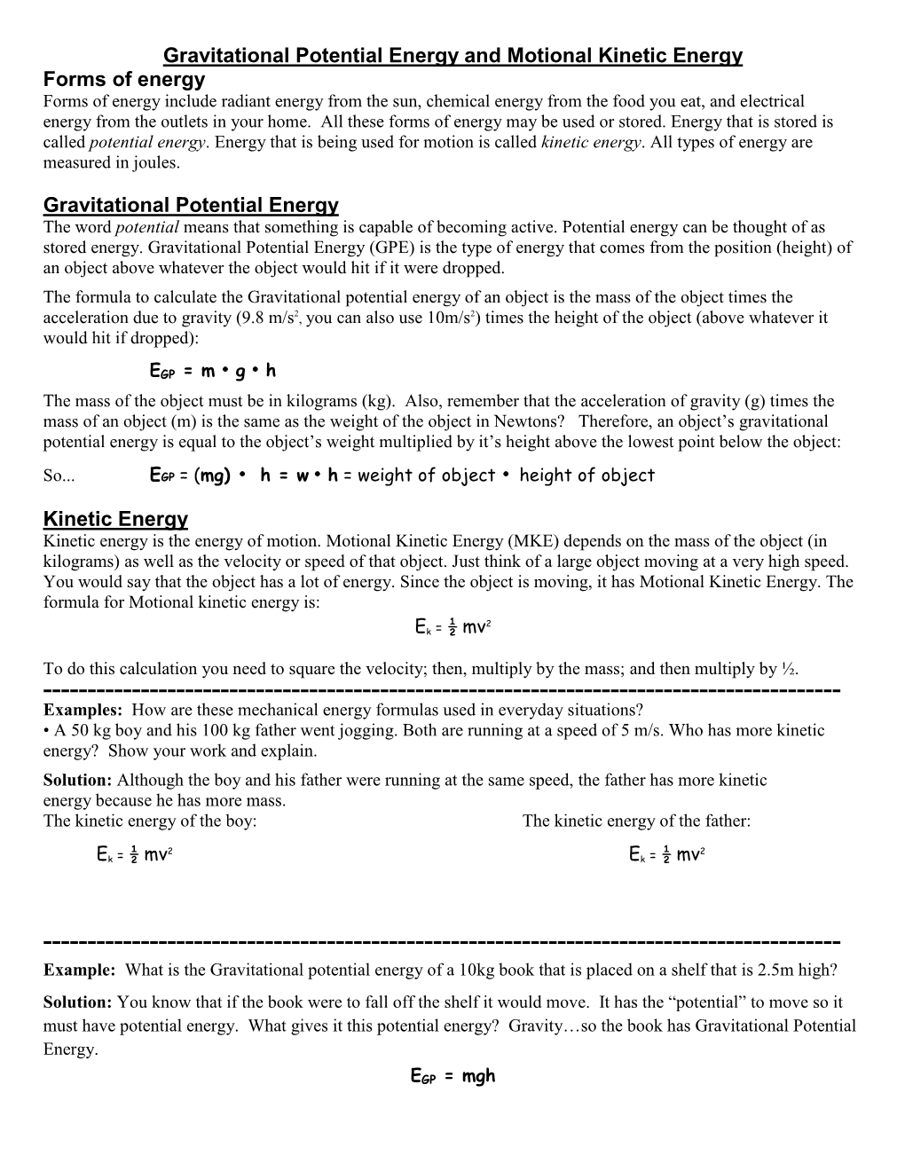 Gravitational Potential Energy and Motional Kinetic Energy Forms Of