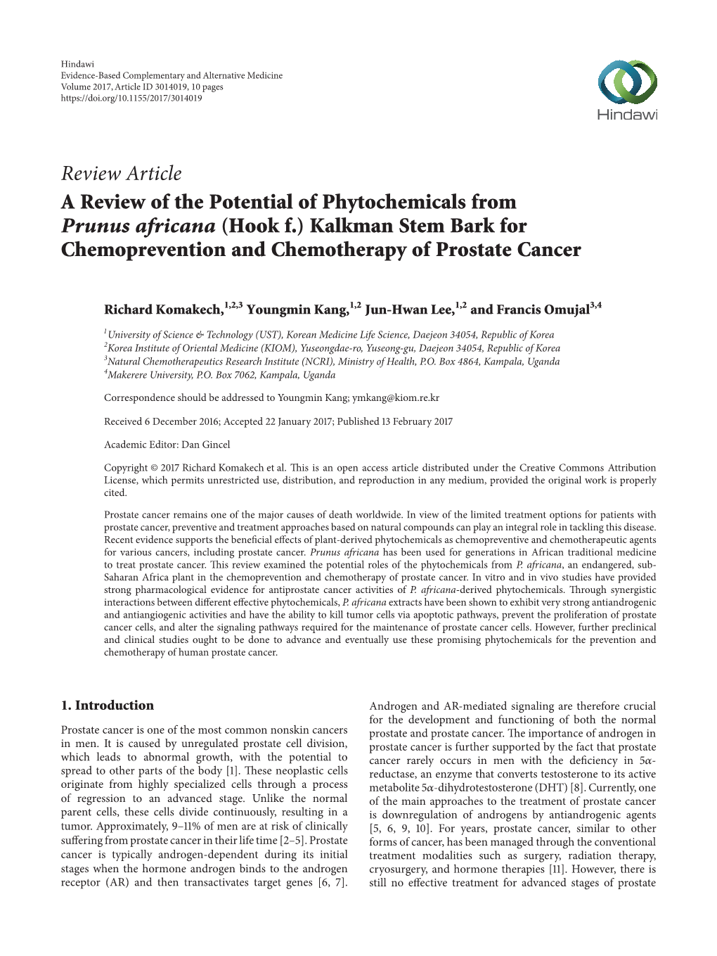 A Review of the Potential of Phytochemicals from Prunus Africana (Hook F.) Kalkman Stem Bark for Chemoprevention and Chemotherapy of Prostate Cancer