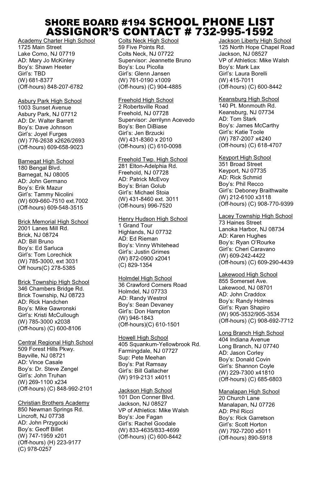 Shore Board #194 School Phone List