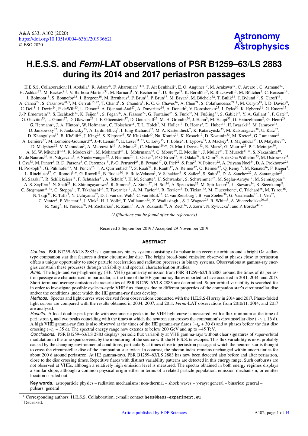 H.E.S.S. and Fermi-LAT Observations of PSR B1259–63/LS 2883 During Its 2014 and 2017 Periastron Passages