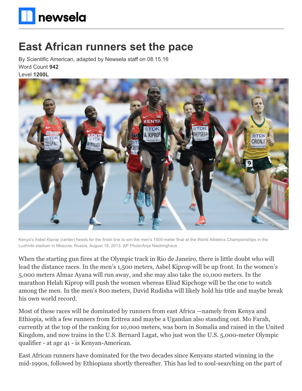East African Runners Set the Pace by Scientific American, Adapted by Newsela Staff on 08.15.16 Word Count 942 Level 1200L