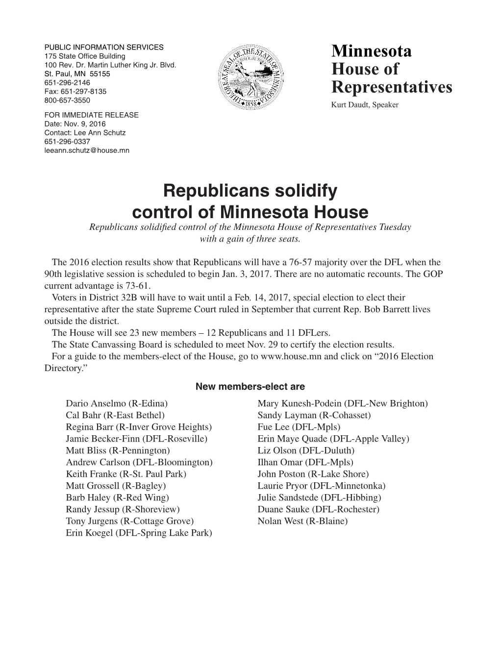 2016 Election Results Show That Republicans Will Have a 76-57 Majority Over the DFL When the 90Th Legislative Session Is Scheduled to Begin Jan