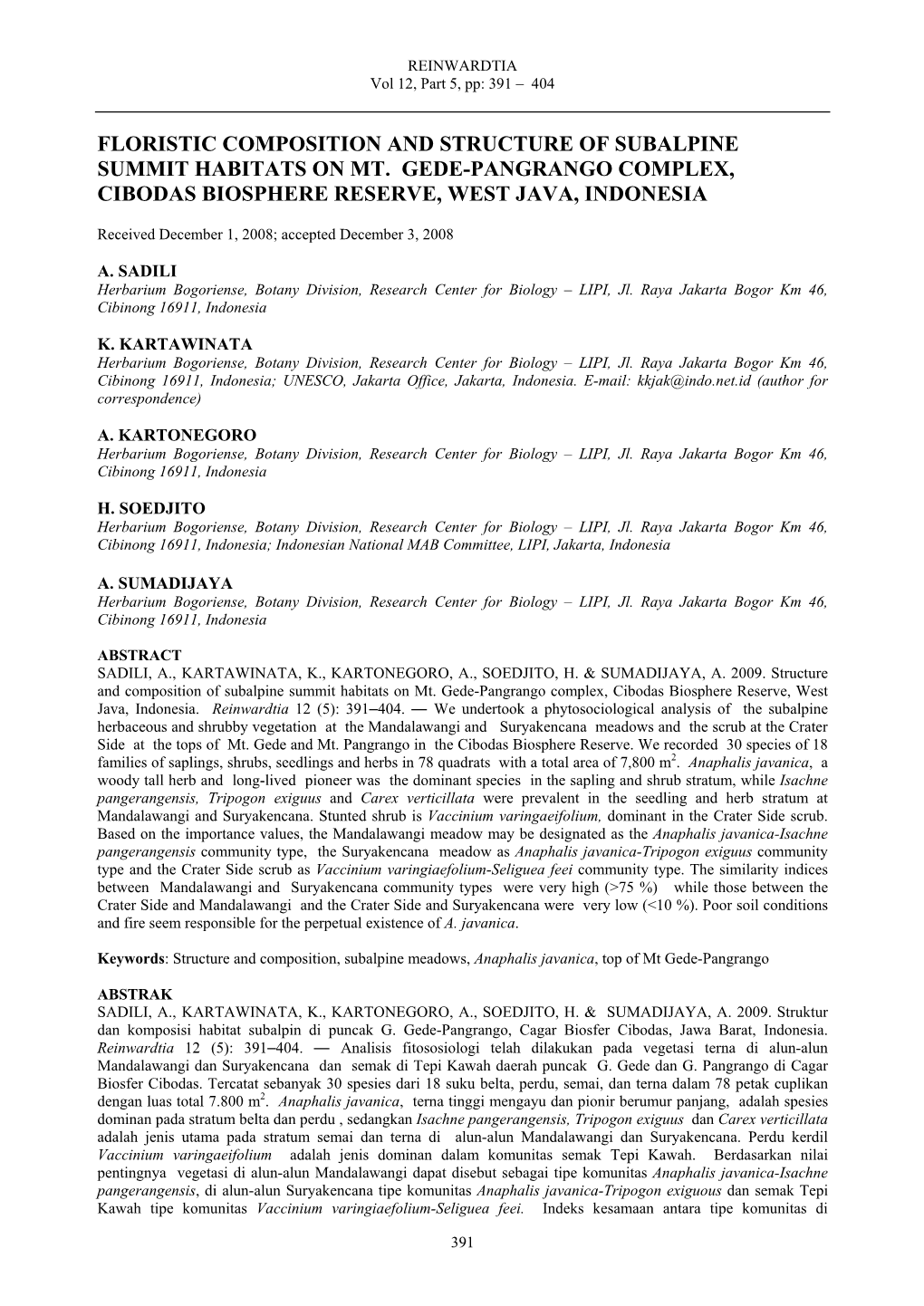 Floristic Composition and Structure of Subalpine Summit Habitats on Mt