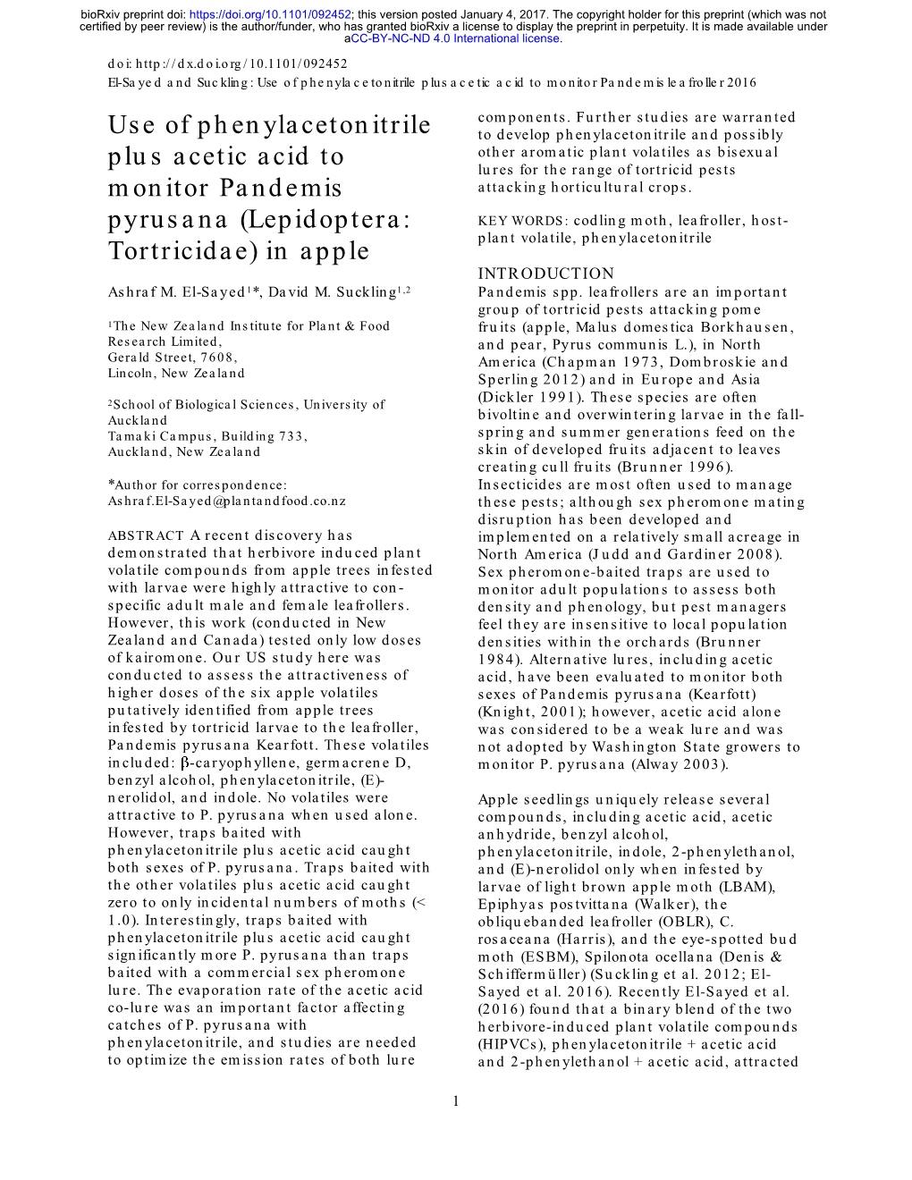 Use of Phenylacetonitrile Plus Acetic Acid to Monitor Pandemis Pyrusana