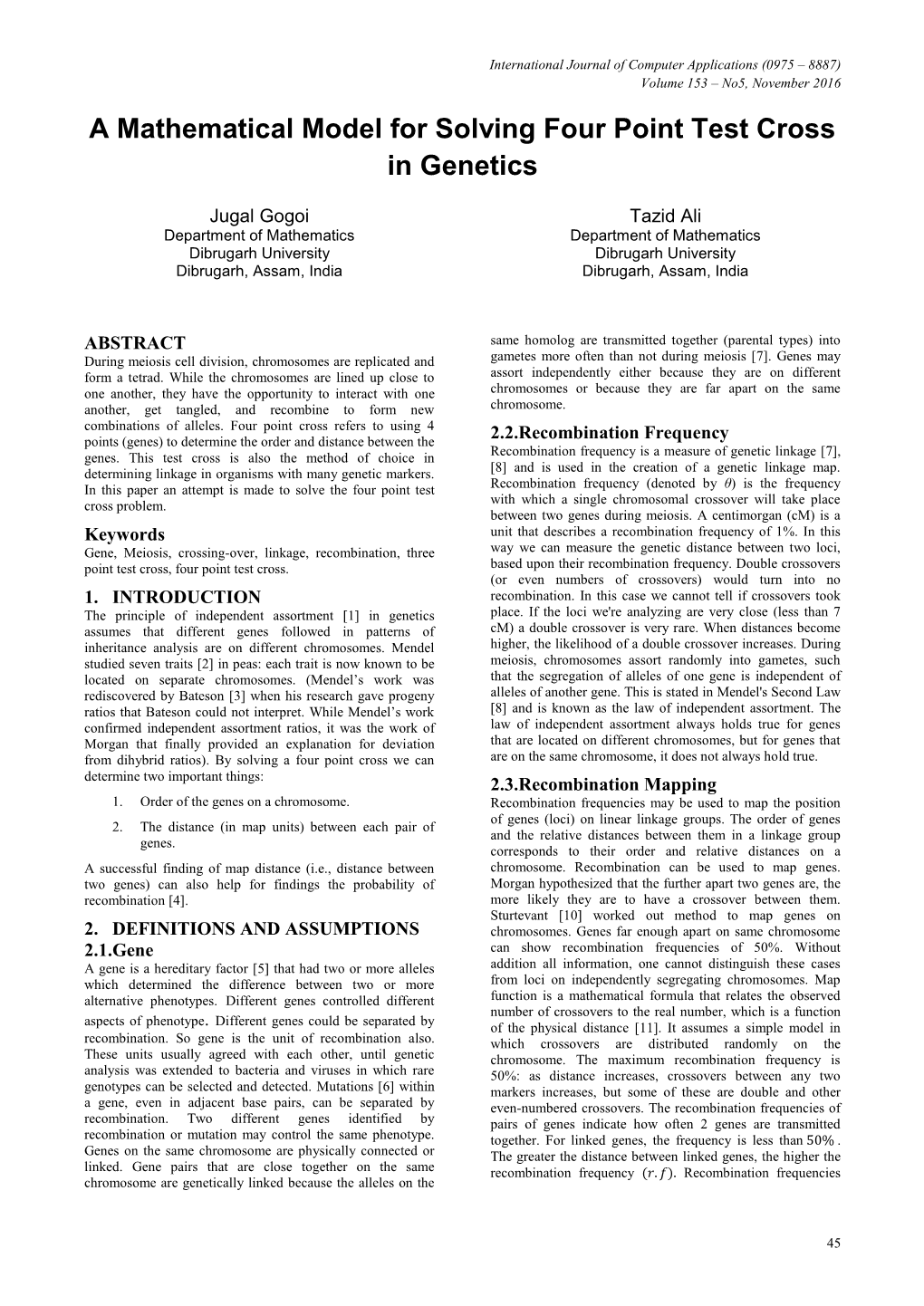 A Mathematical Model for Solving Four Point Test Cross in Genetics