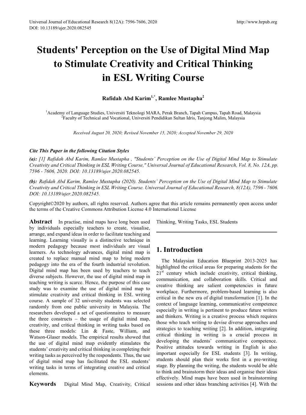 Students' Perception on the Use of Digital Mind Map to Stimulate Creativity and Critical Thinking in ESL Writing Course