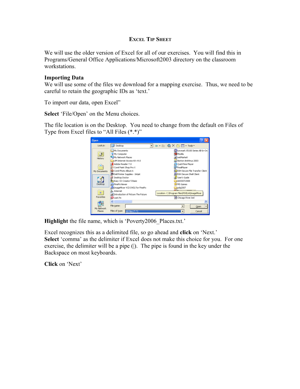 Excel Tip Sheet