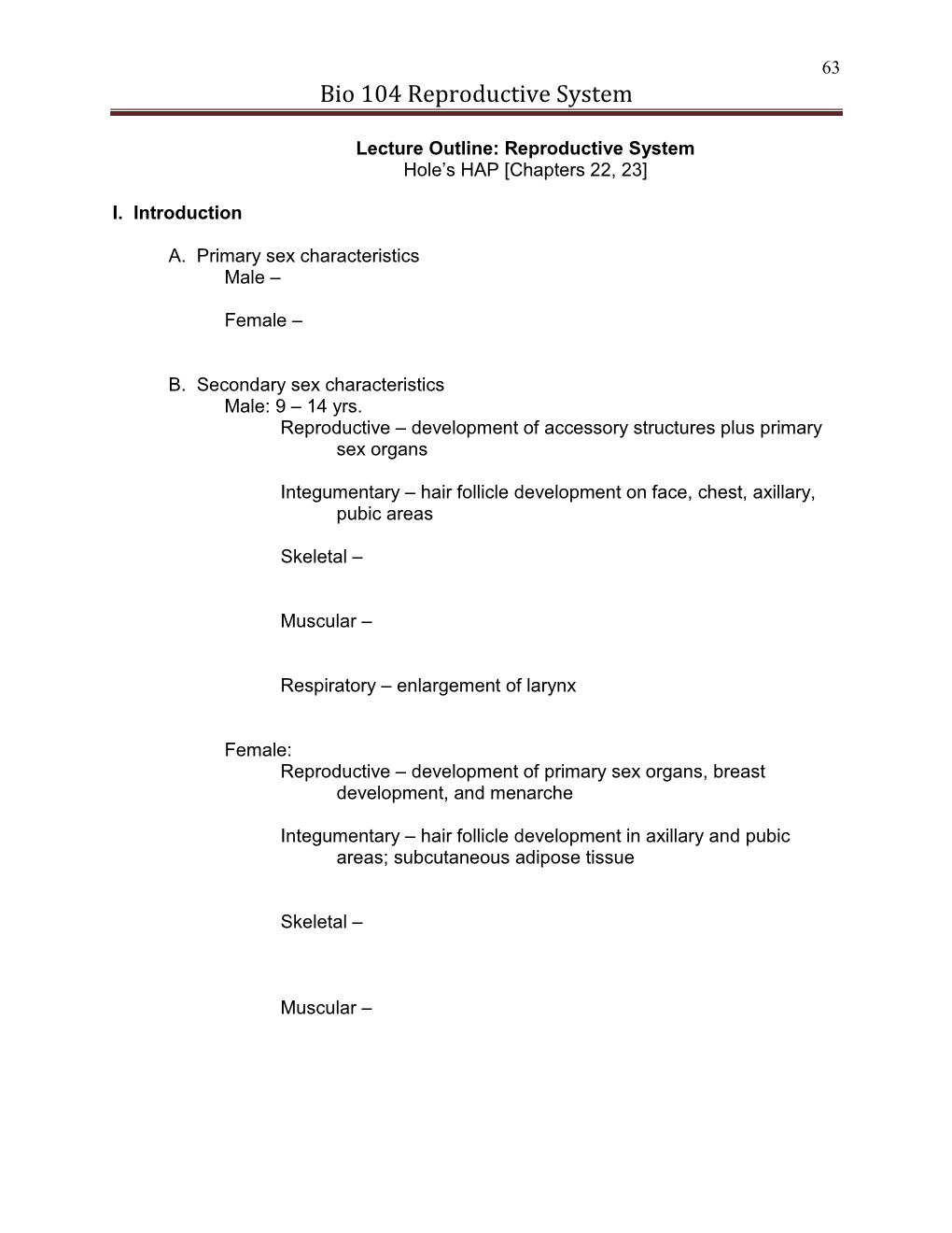 Bio 104 Reproductive System