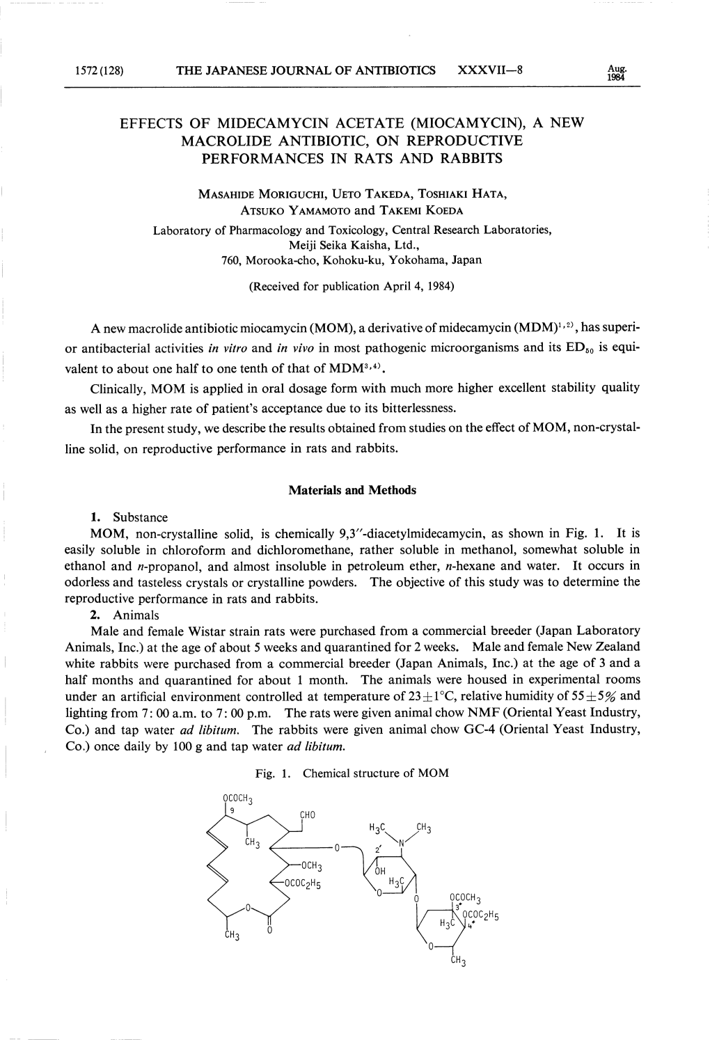 Effects of Midecamycin Acetate(Miocamycin),A New Macrolide Antibiotic,On Reproductive Performances in Rats and Rabbits