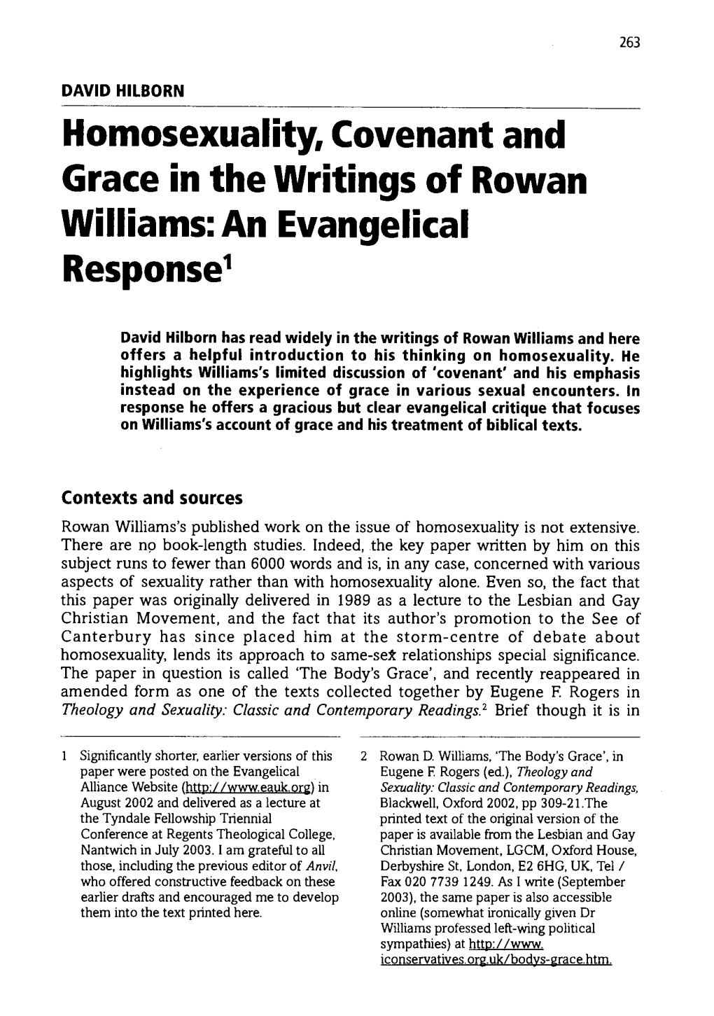 Homosexuality, Covenant and Grace in the Writings of Rowan Williams: an Evangelical Response1