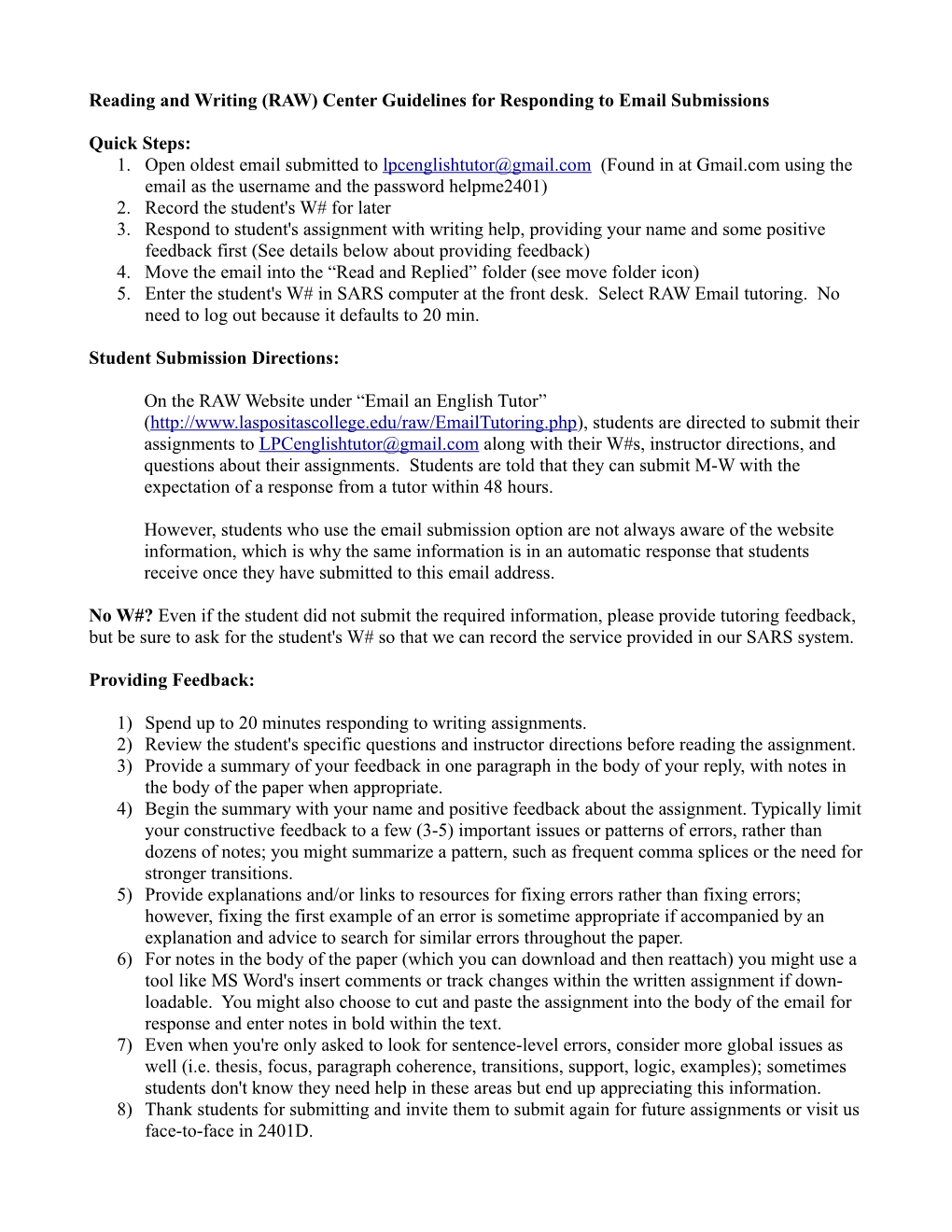 Reading and Writing (RAW) Center Guidelines for Responding to Email Submissions