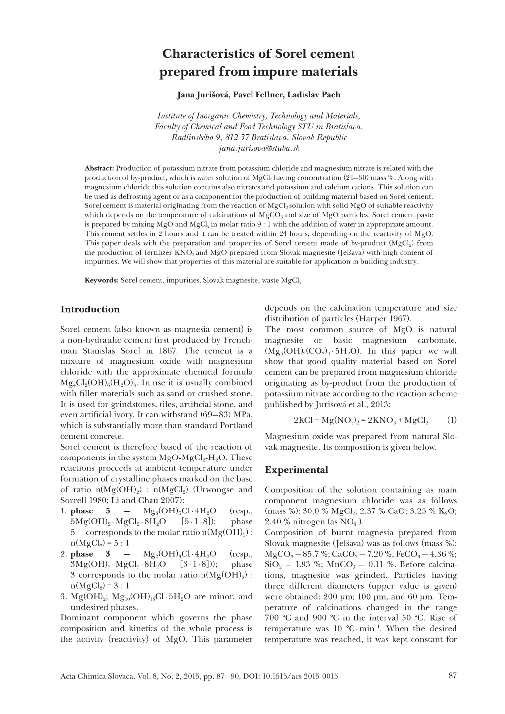 Characteristics of Sorel Cement Prepared from Impure Materials