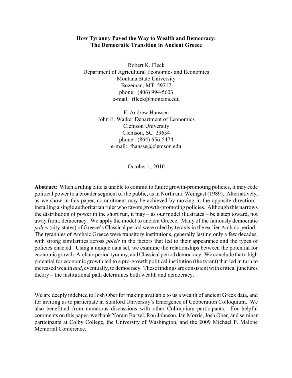 How Tyranny Paved the Way to Wealth and Democracy: the Democratic Transition in Ancient Greece