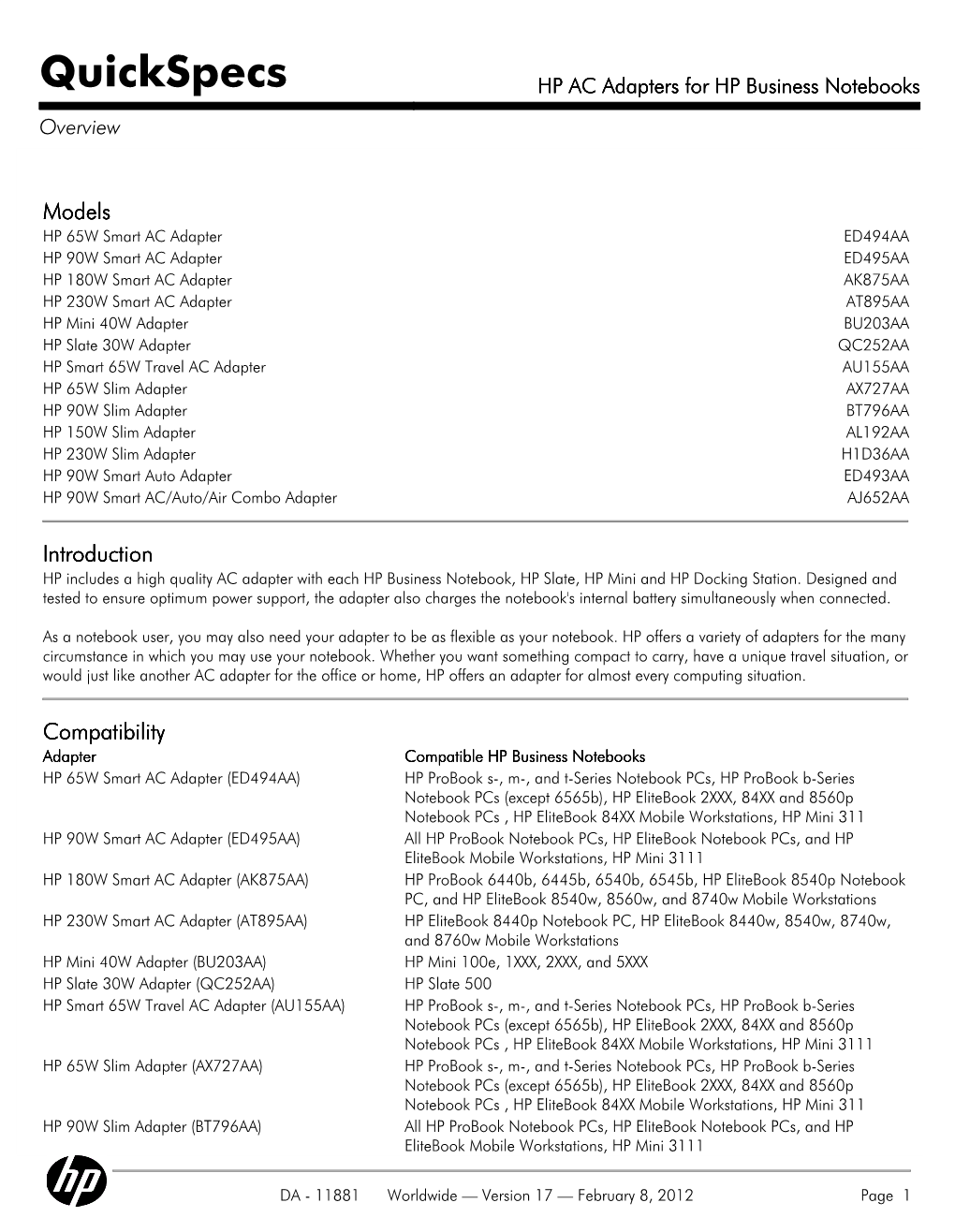 HP AC Adapters for HP Business Notebooks Overview