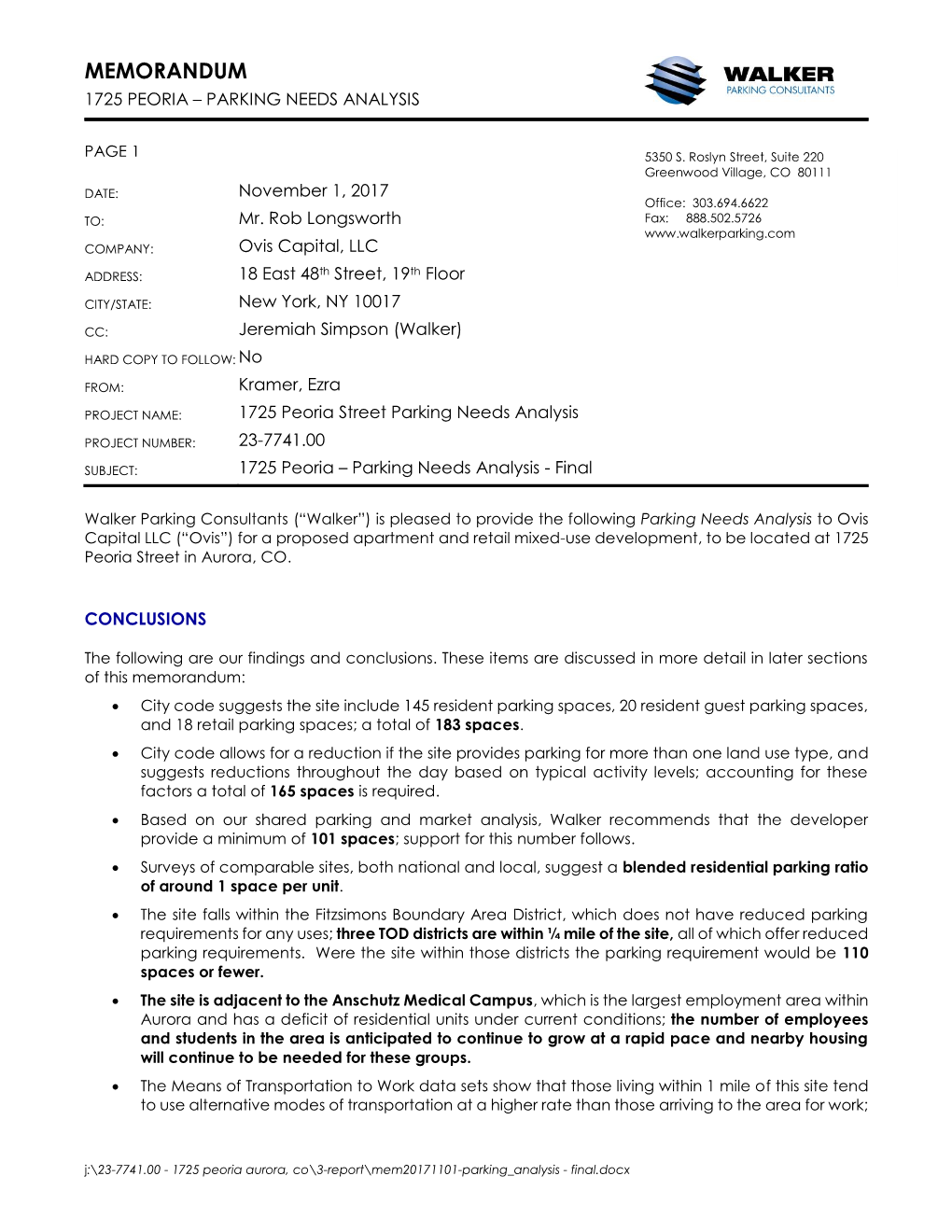 Memorandum 1725 Peoria – Parking Needs Analysis