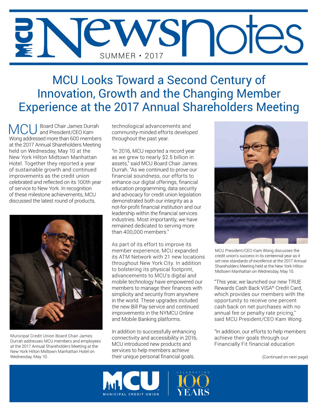 MCU Looks Toward a Second Century of Innovation, Growth and the Changing Member Experience at the 2017 Annual Shareholders Meeting