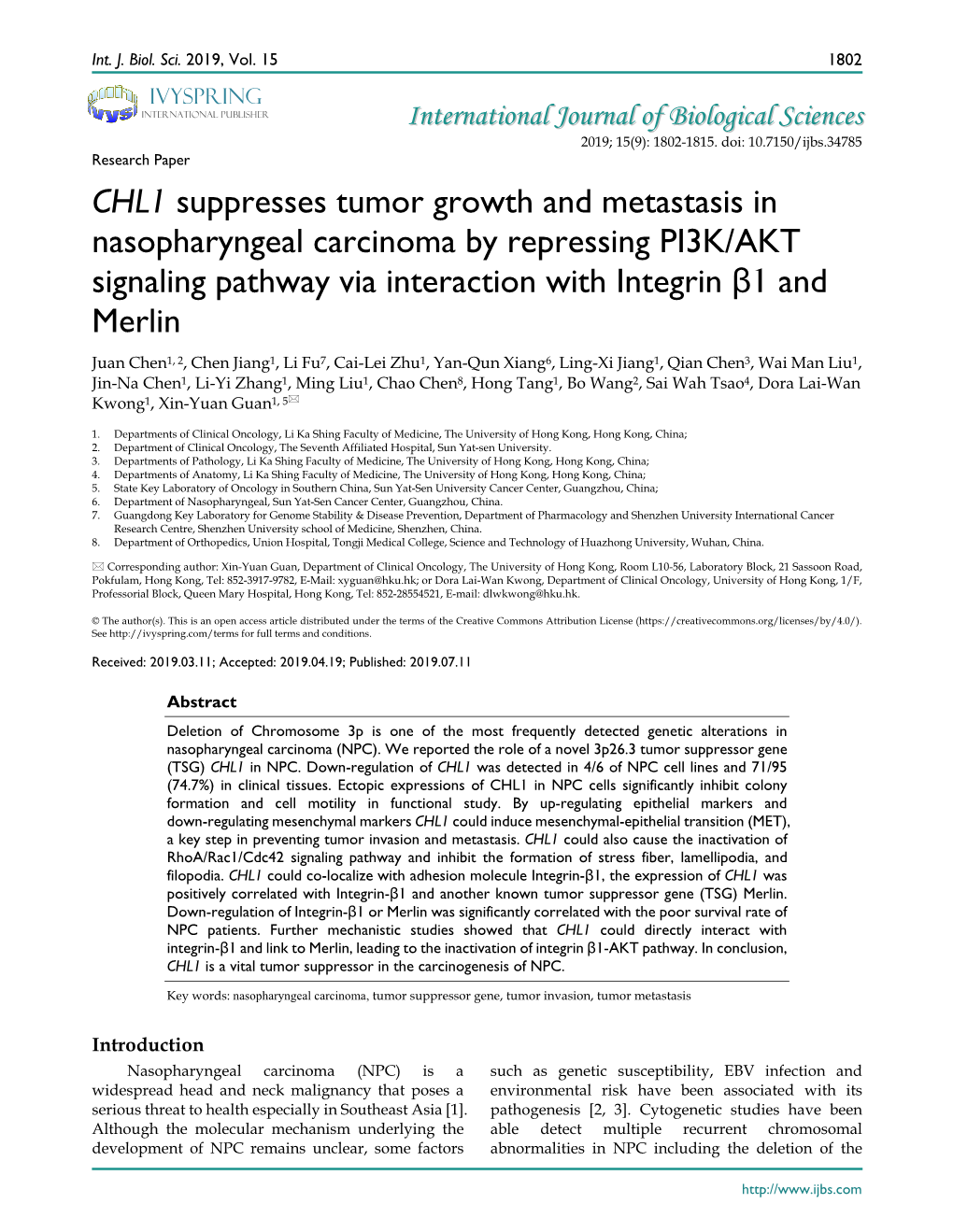 CHL1 Suppresses Tumor Growth and Metastasis in Nasopharyngeal