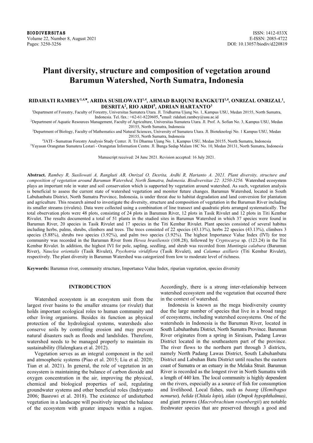 Plant Diversity, Structure and Composition of Vegetation Around Barumun Watershed, North Sumatra, Indonesia