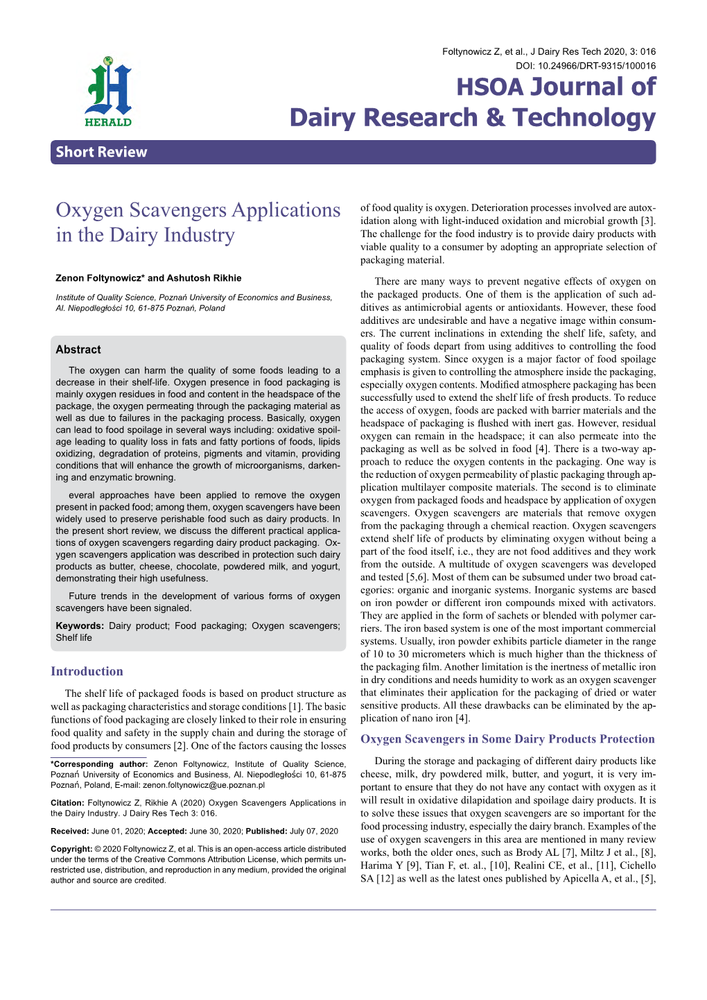 Oxygen Scavengers Applications in the Dairy Industry
