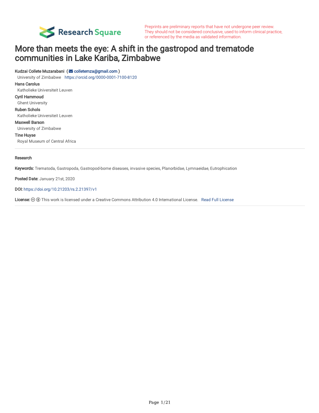 A Shift in the Gastropod and Trematode Communities in Lake Kariba, Zimbabwe