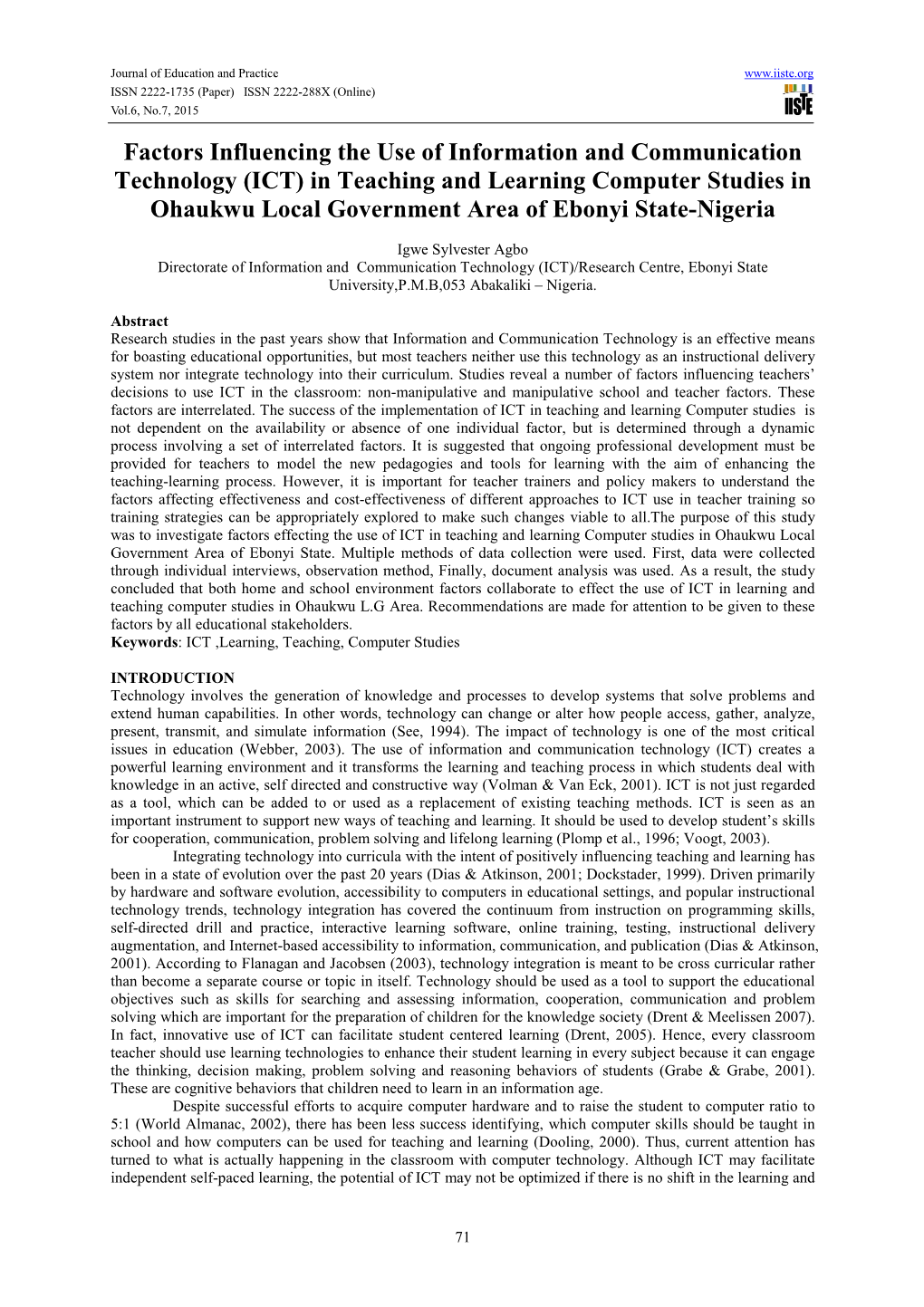 (ICT) in Teaching and Learning Computer Studies in Ohaukwu Local Government Area of Ebonyi State-Nigeria