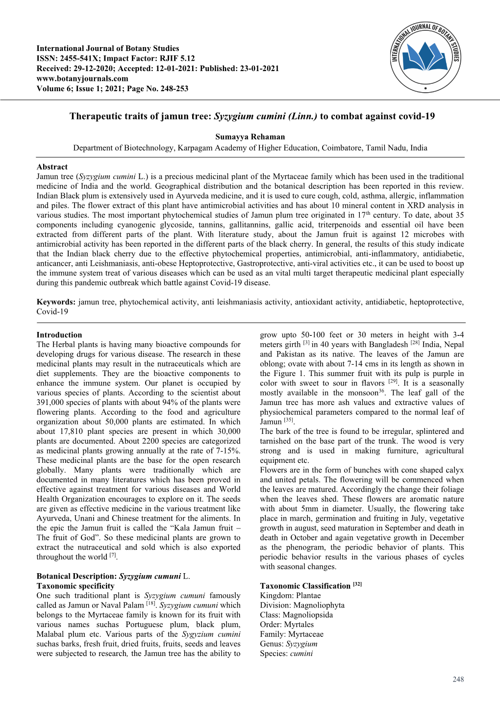 Syzygium Cumini (Linn.) to Combat Against Covid-19