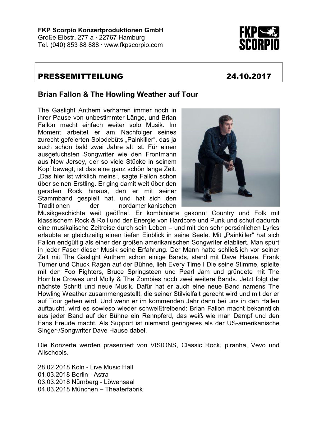 PRESSEMITTEILUNG 24.10.2017 Brian Fallon & the Howling