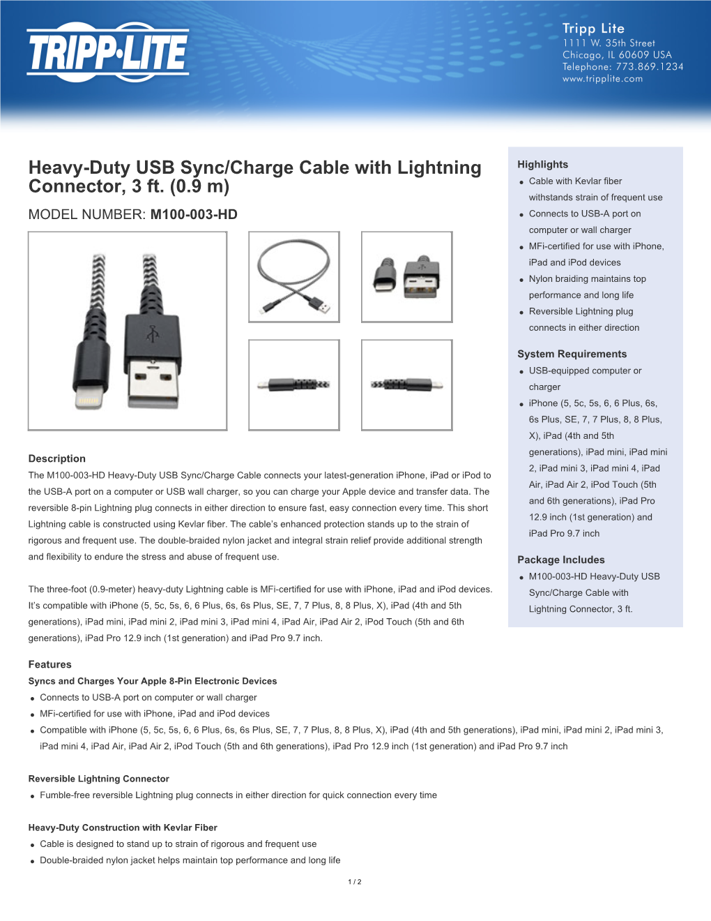 Heavy-Duty USB Sync/Charge Cable with Lightning Connector, 3 Ft. (0.9 M)