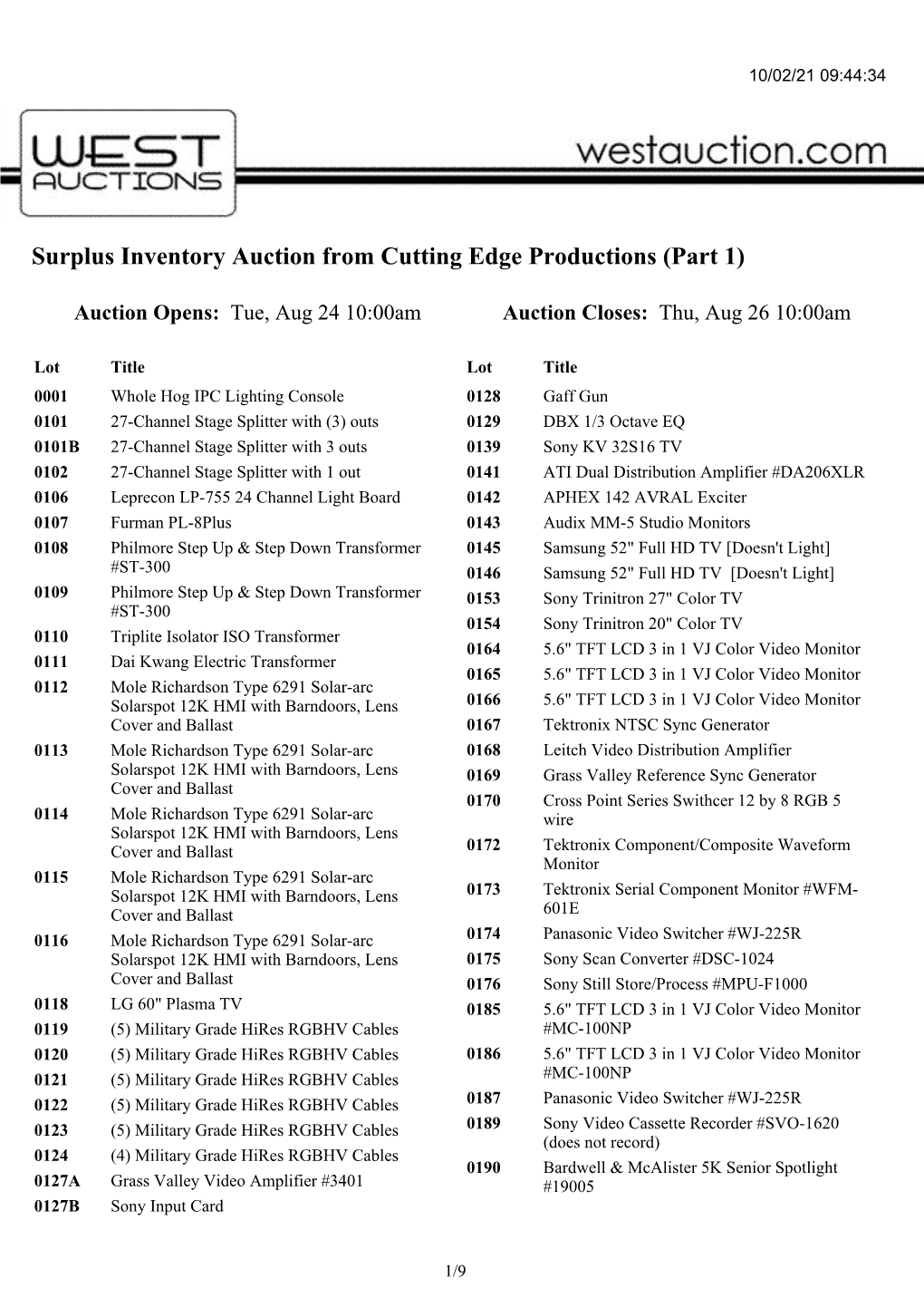 Surplus Inventory Auction from Cutting Edge Productions (Part 1)