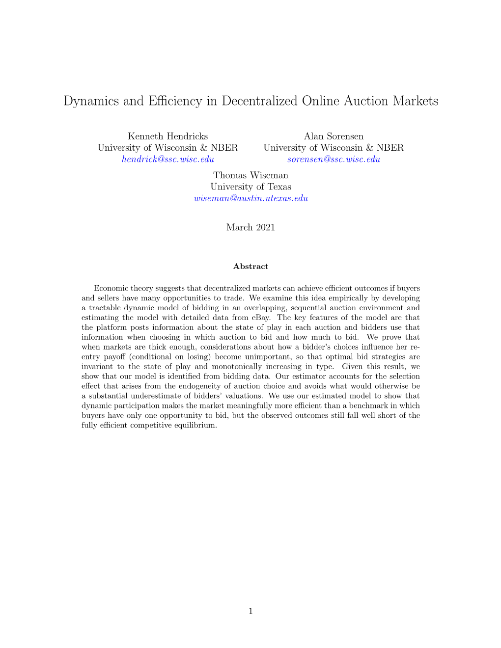 Dynamics and Efficiency in Decentralized Online Auction Markets