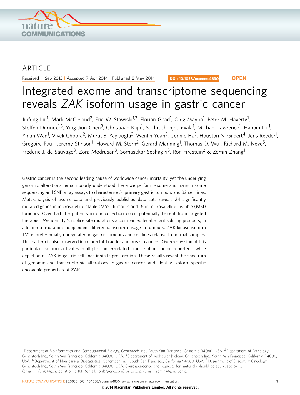 Integrated Exome and Transcriptome Sequencing Reveals ZAK Isoform Usage in Gastric Cancer