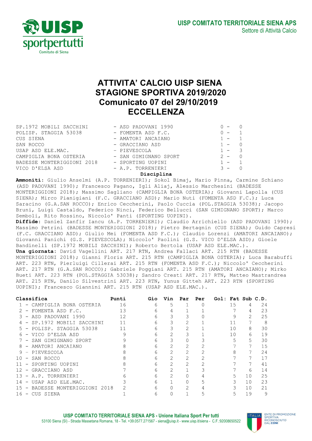 Attivita' Calcio Uisp Siena Stagione Sportiva 2019/2020