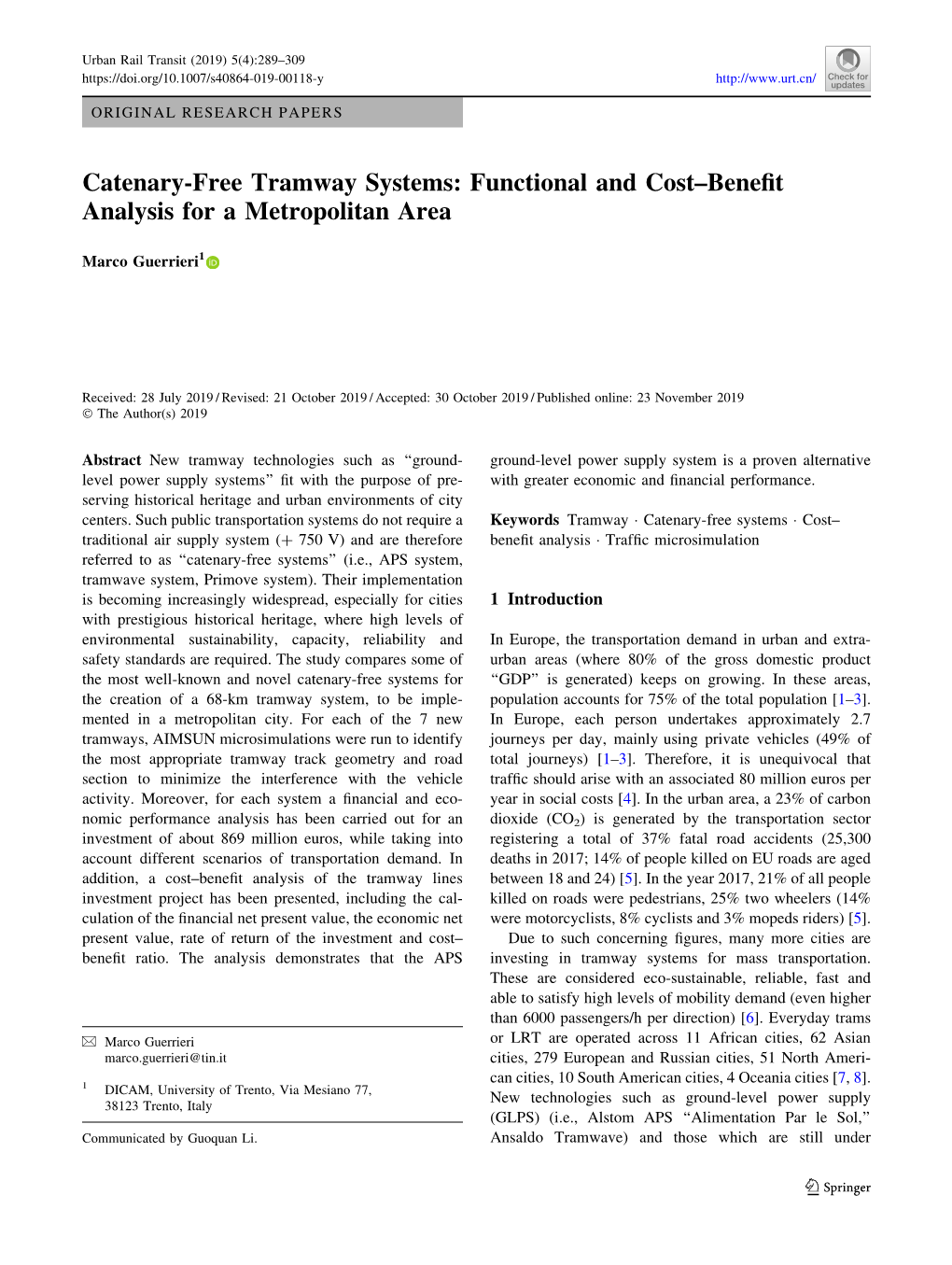 Catenary-Free Tramway Systems: Functional and Cost–Benefit