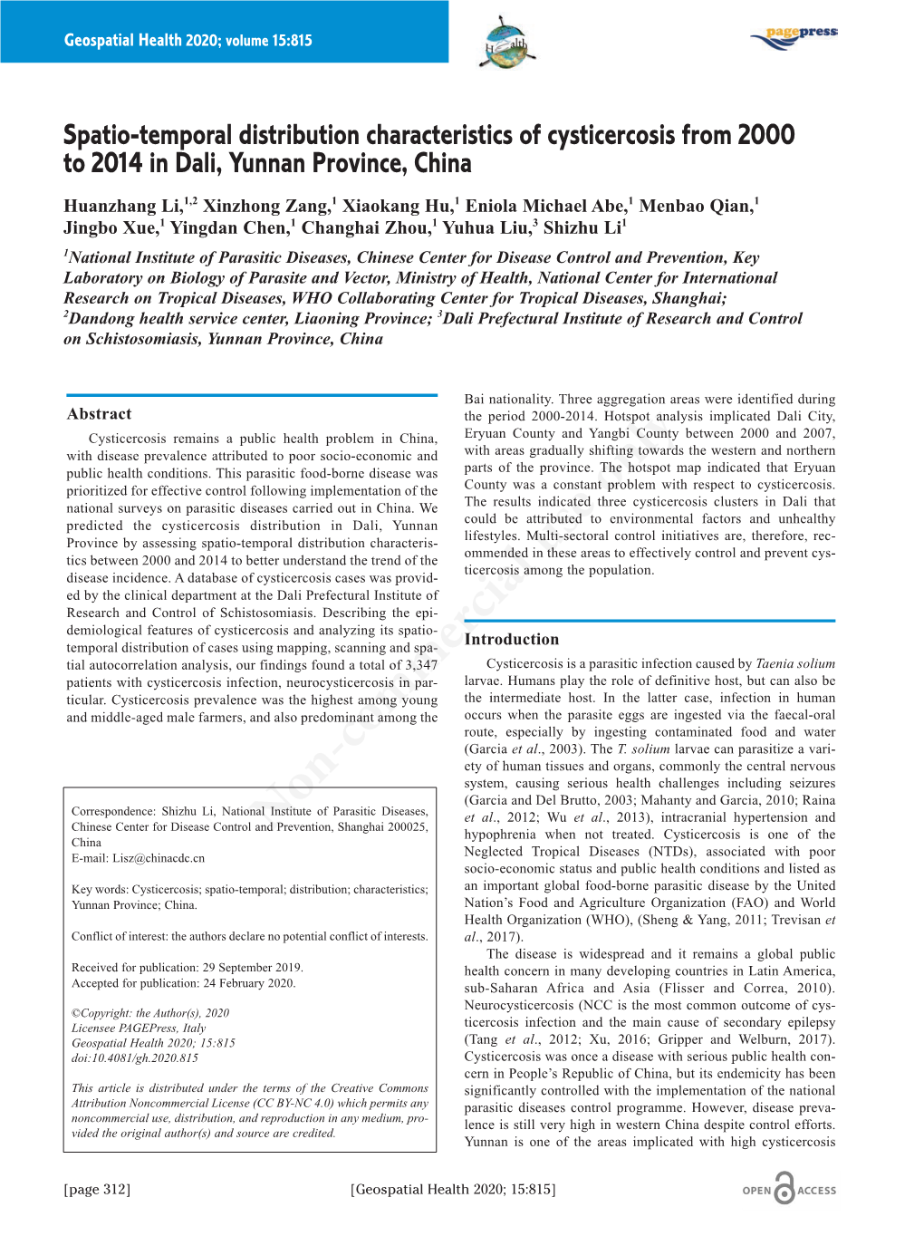 Spatio-Temporal Distribution Characteristics of Cysticercosis from 2000 to 2014 in Dali, Yunnan Province, China