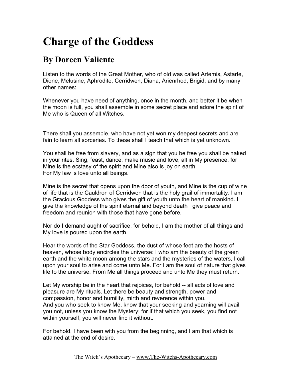 Charge of the Goddess by Doreen Valiente