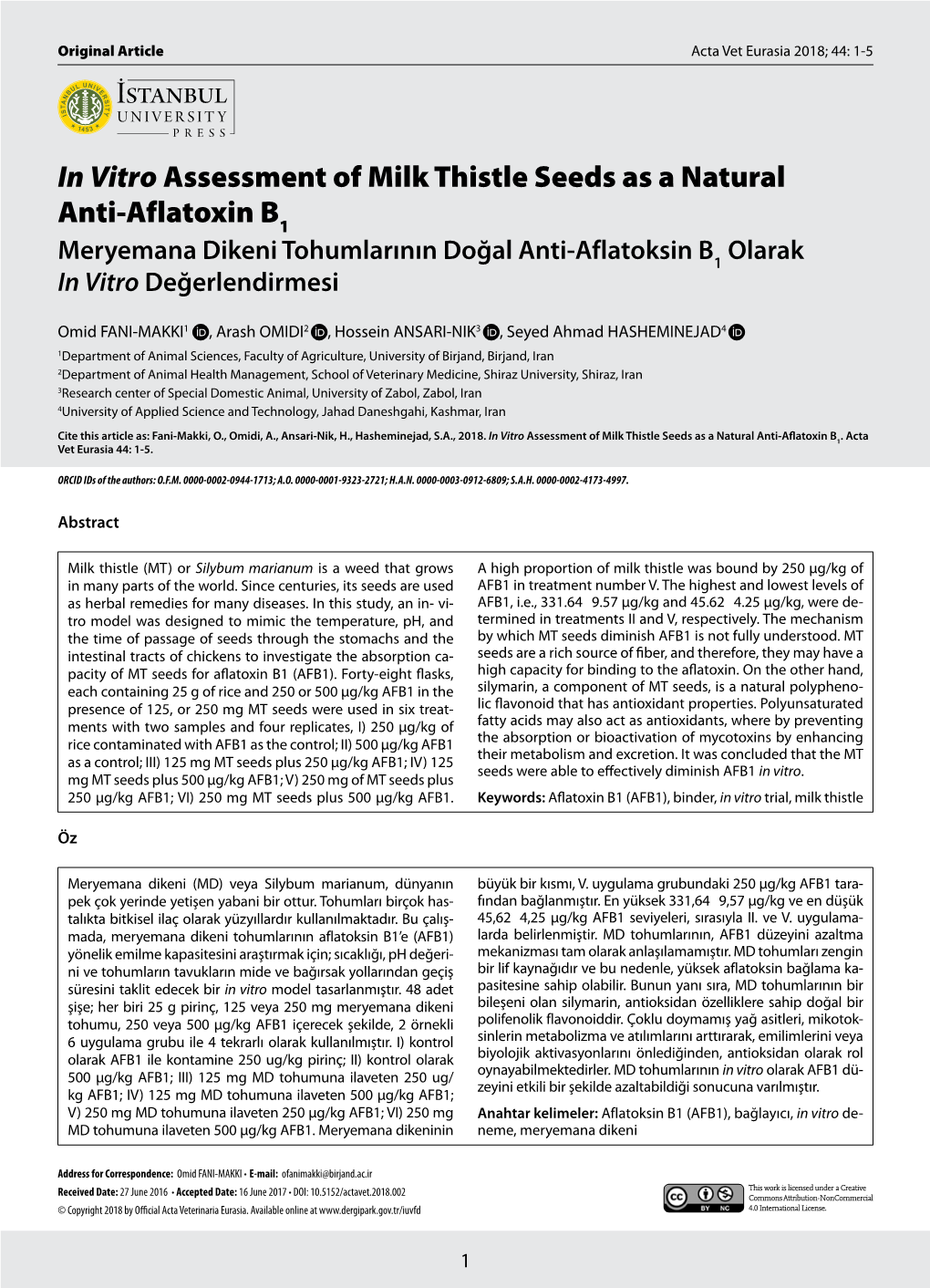 In Vitro Assessment of Milk Thistle Seeds As a Natural Anti-Aflatoxin B