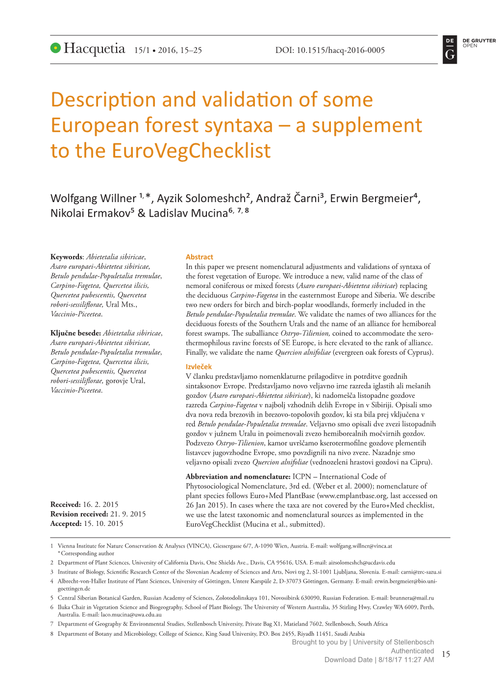 Description and Validation of Some European Forest Syntaxa – a Supplement to the Eurovegchecklist