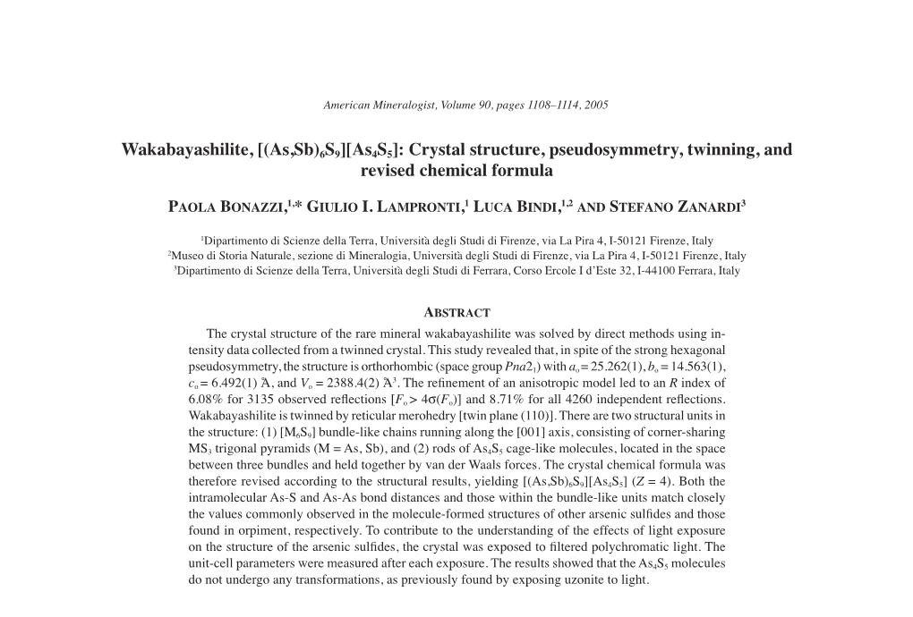 Wakabayashilite, [(As,Sb)6S9][As4s5]: Crystal Structure, Pseudosymmetry, Twinning, and Revised Chemical Formula