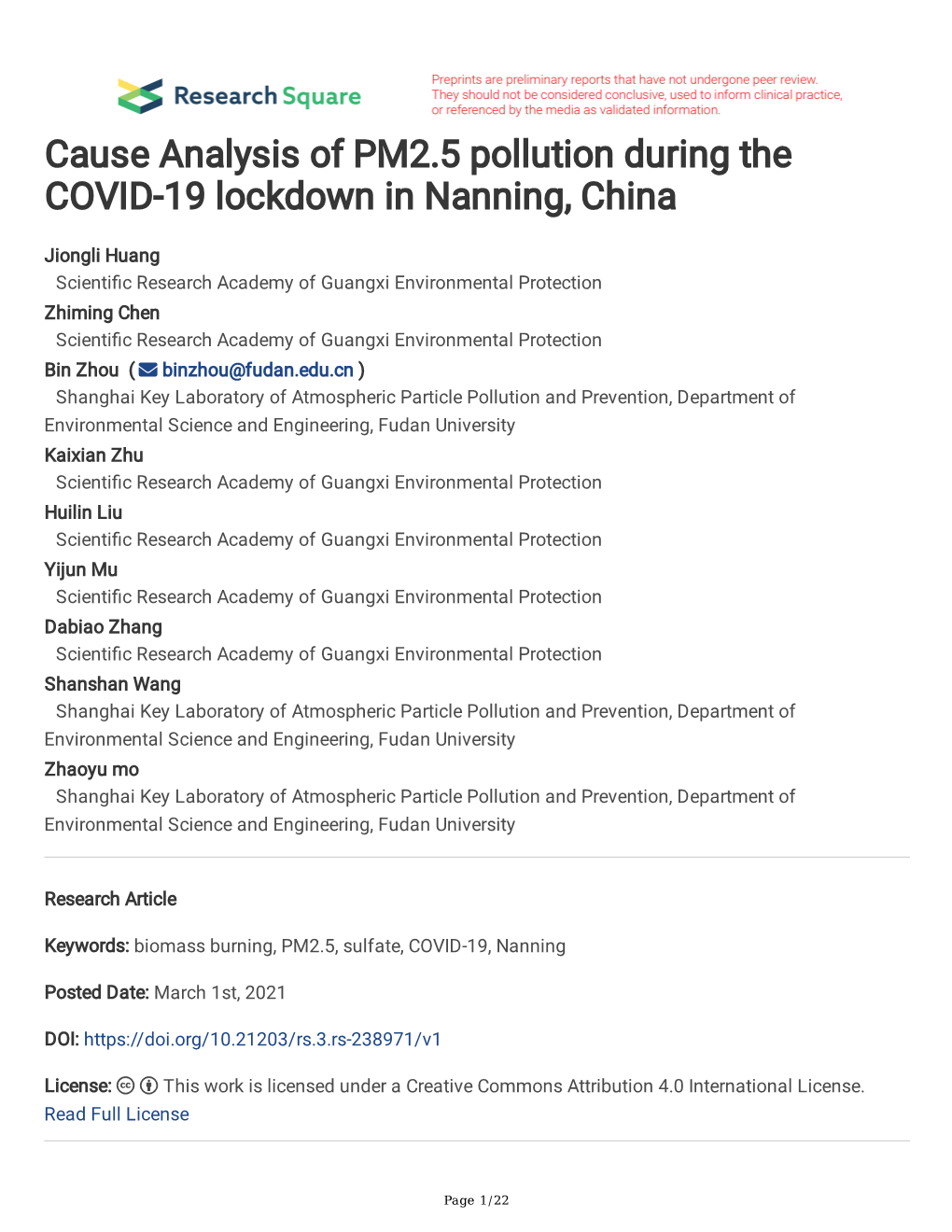 Cause Analysis of PM2.5 Pollution During the COVID-19 Lockdown in Nanning, China