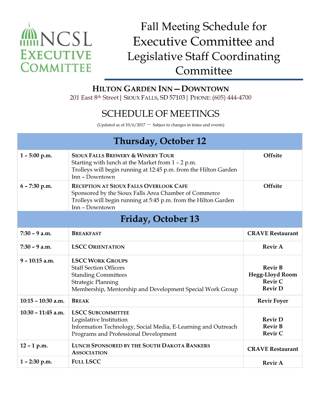 Fall Meeting Schedule for Executive Committee and Legislative Staff Coordinating Committee